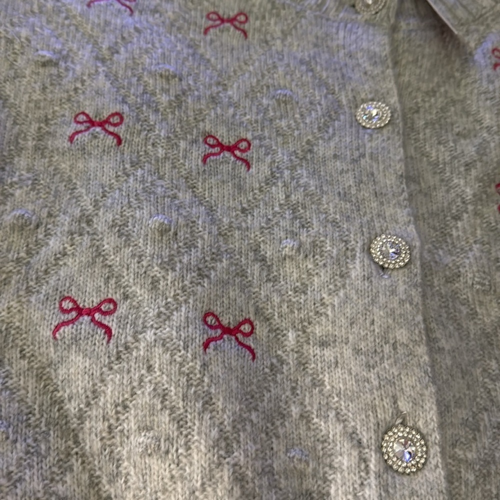 Jessica Simpson gray pink bow bling crystal button cardigan sweater 🎀🎀🎀 💎💎 - Picture 7 of 11